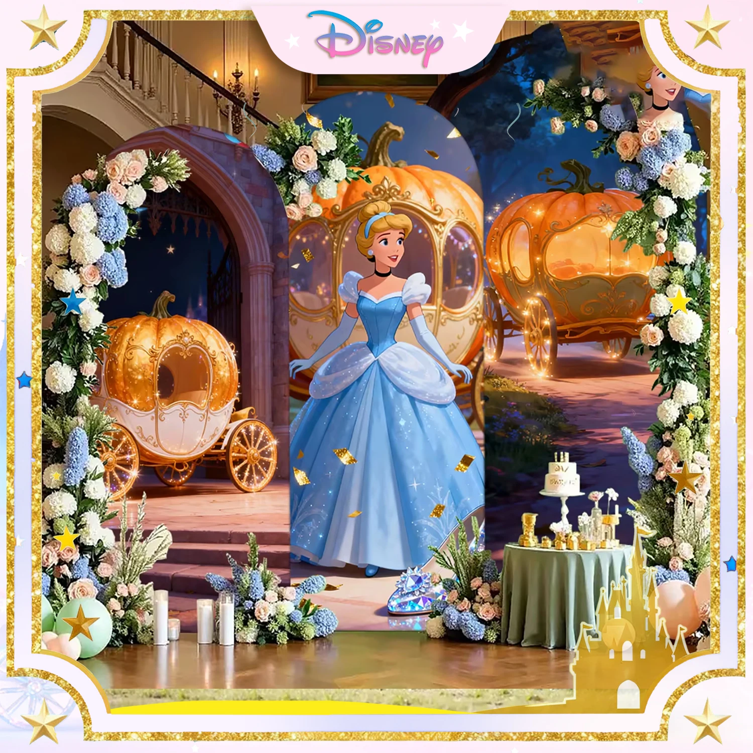 

Disney Cinderella Arch Backdrop Custom Glass Slipper Castle Princess Girl Happy Birthday Party Baby Shower Arch Backdrop
