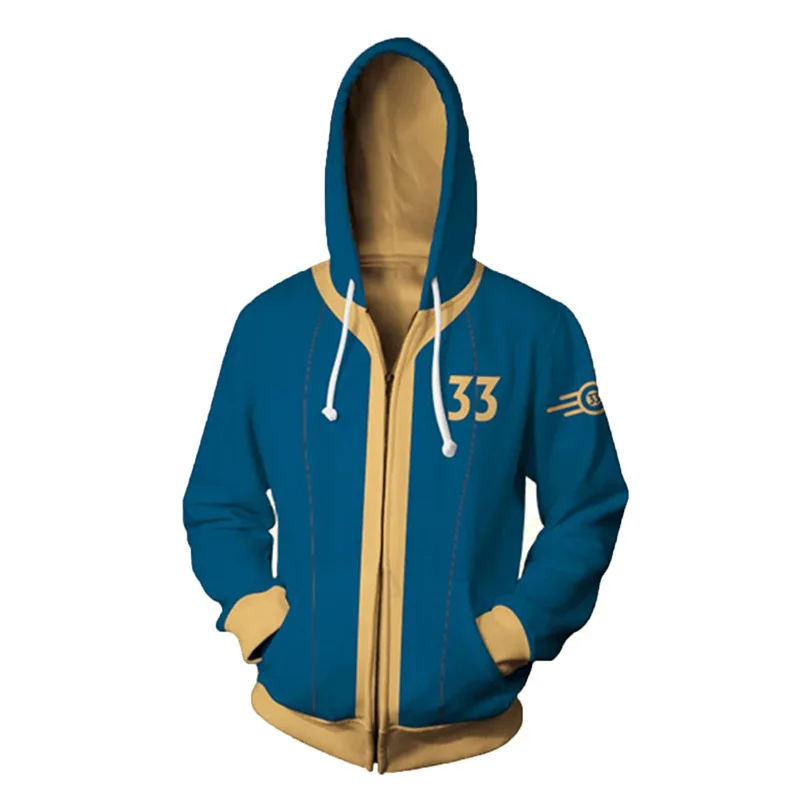 Sudadera con capucha para hombre y mujer, ropa con estampado 3D, sudadera con cremallera, disfraz de Cosplay, mono azul Lucy, uniforme Unisex, Vault 33, novedad