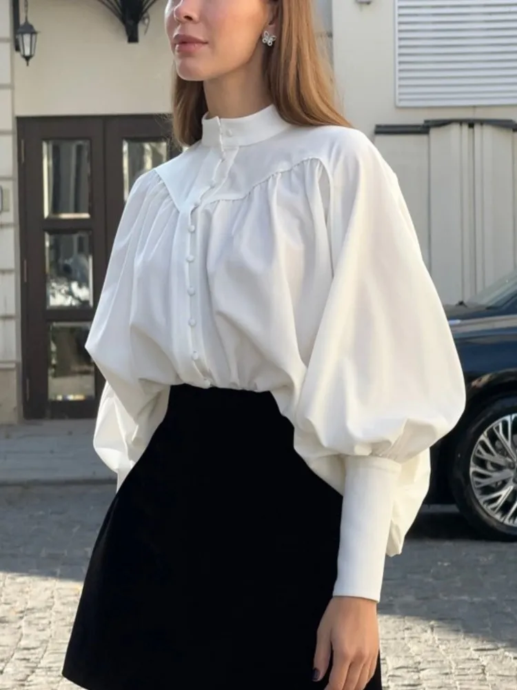 

New Fashion Autumn Pleated White Stand-neck Lantern Sleeve Women's Shirt, Vintage Elegant Lady Blouse Tops, Female Clothing