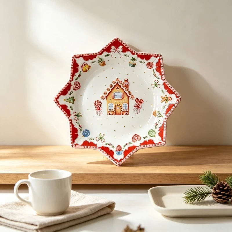 Elandil Holiday Decorations Dessert Plate Christmas Gingerbread House Ceramic Pizza Plate Household Dessert Cake Plate