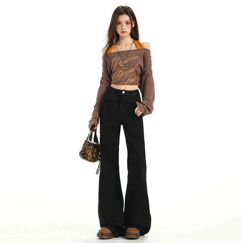 블랙 레트로 아메리칸 혼 데님 여성 바지 2025 가을 신상 하이웨이스트 슬림핏 논스틱 레그 엘라스틱 플로어 팬츠