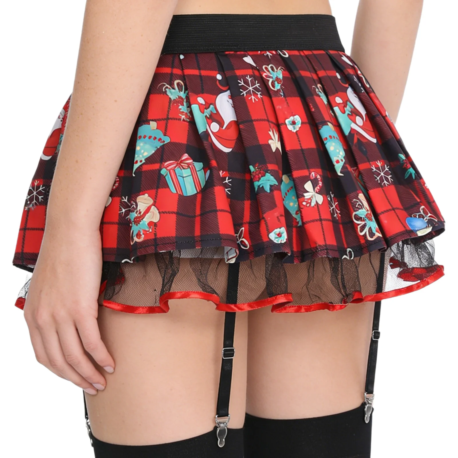 Womens Schoolgirl Role Play Lingerie Mini Skirt with Garters Pleated Plaid Layer Tulle Lining Elastic Waistband Skirts Clubwear