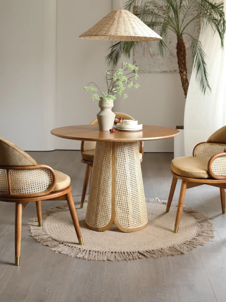 YY Solid Wood round Table Small Apartment Home Modern Minimalist Rattan Dining Table and Chair