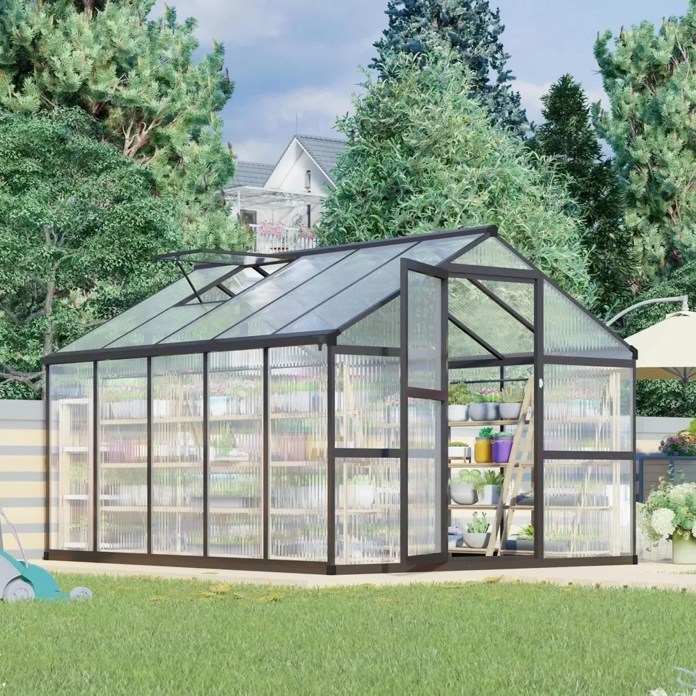 

8 X 10 FT Greenhouse, Polycarbonate Garden Backyard Greenhouses with Adjustable Roof Vent, Aluminum Large Walk-in Greenhouse