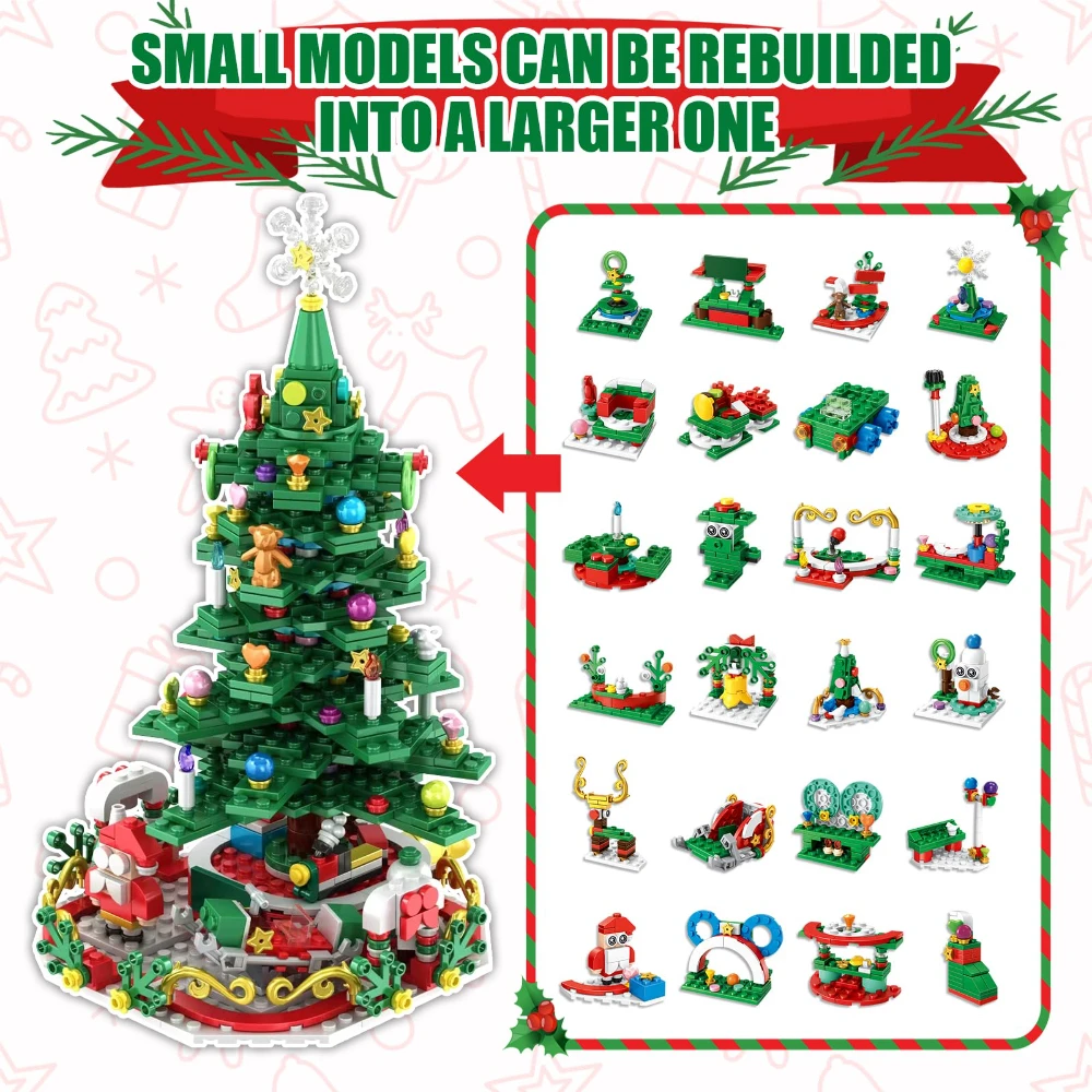 WizKidz Christmas Tree Building Blocks for Kids & Families 24 - Days of Holiday Surprises DIY Festive Decoration Rotating Base