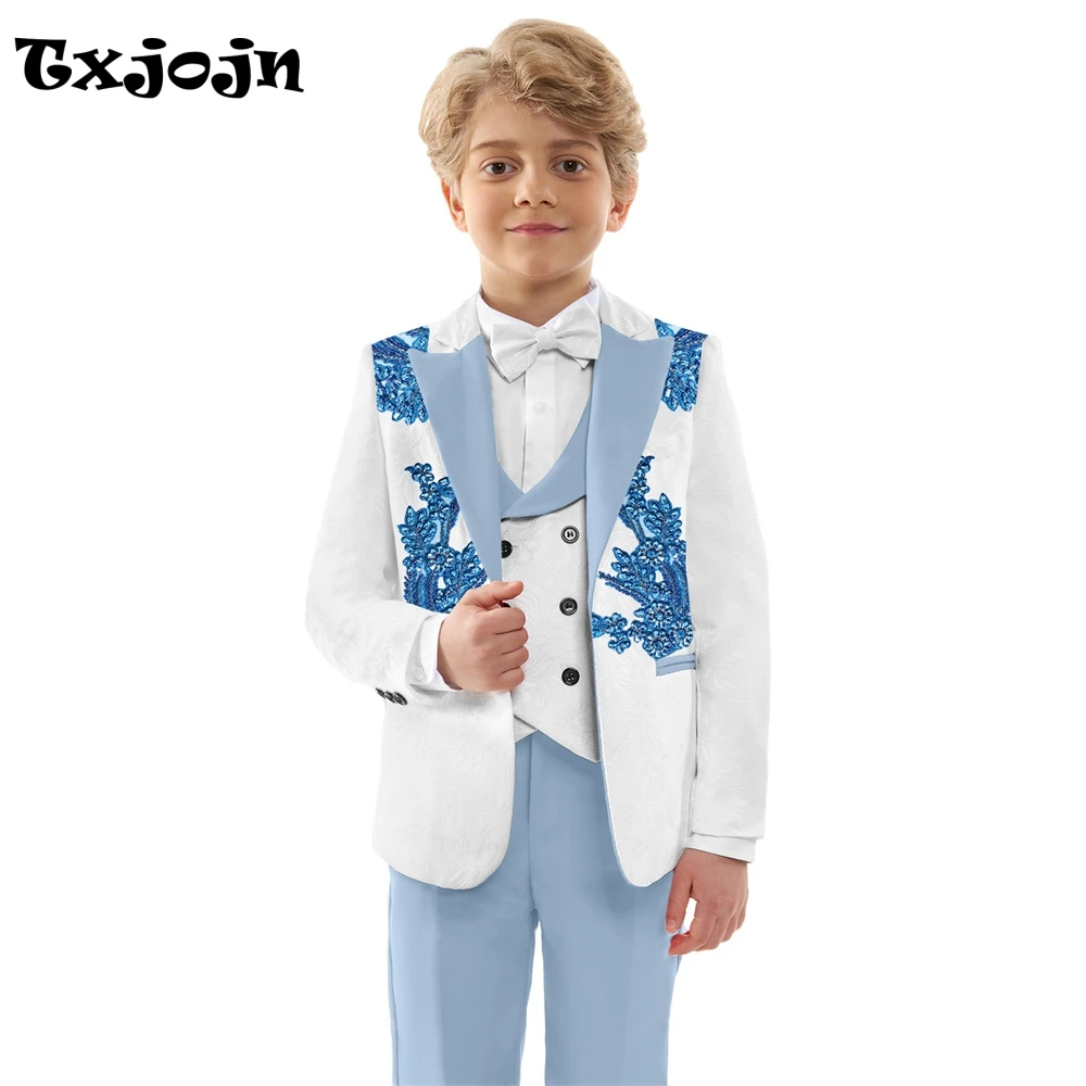 

Hot Sale Boys Jacquard Suits 4 Pieces Wedding Ring Bearer Outfit Exquisite Slim Fit Suit Set For Kids School Performance Wear