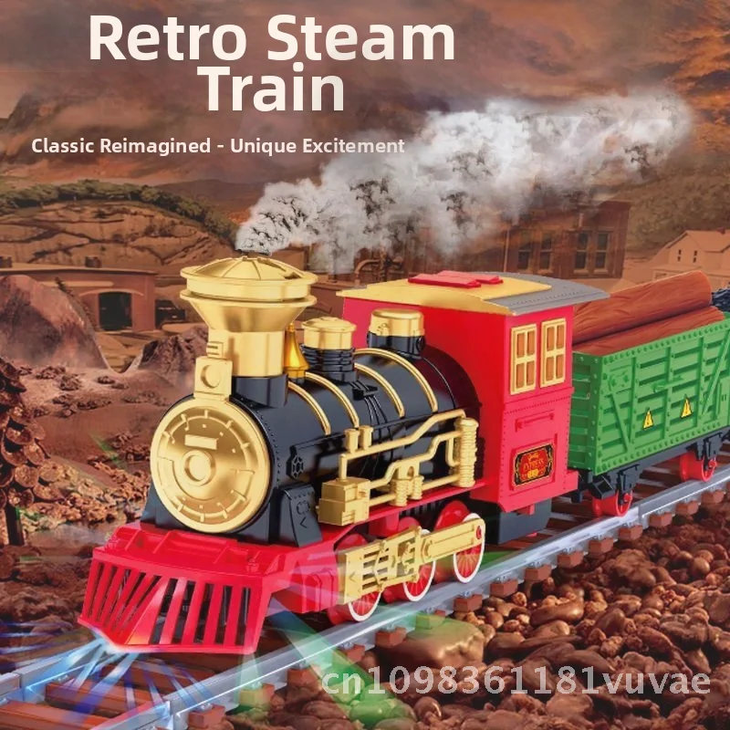 ชุดรางรถไฟไฟฟ้าพร้อมไฟพ่นควันและเสียงเพลงสำหรับเด็ก ของขวัญคริสต์มาส ประกอบฉากรถไฟของเล่นสำหรับเด็กผู้ชาย