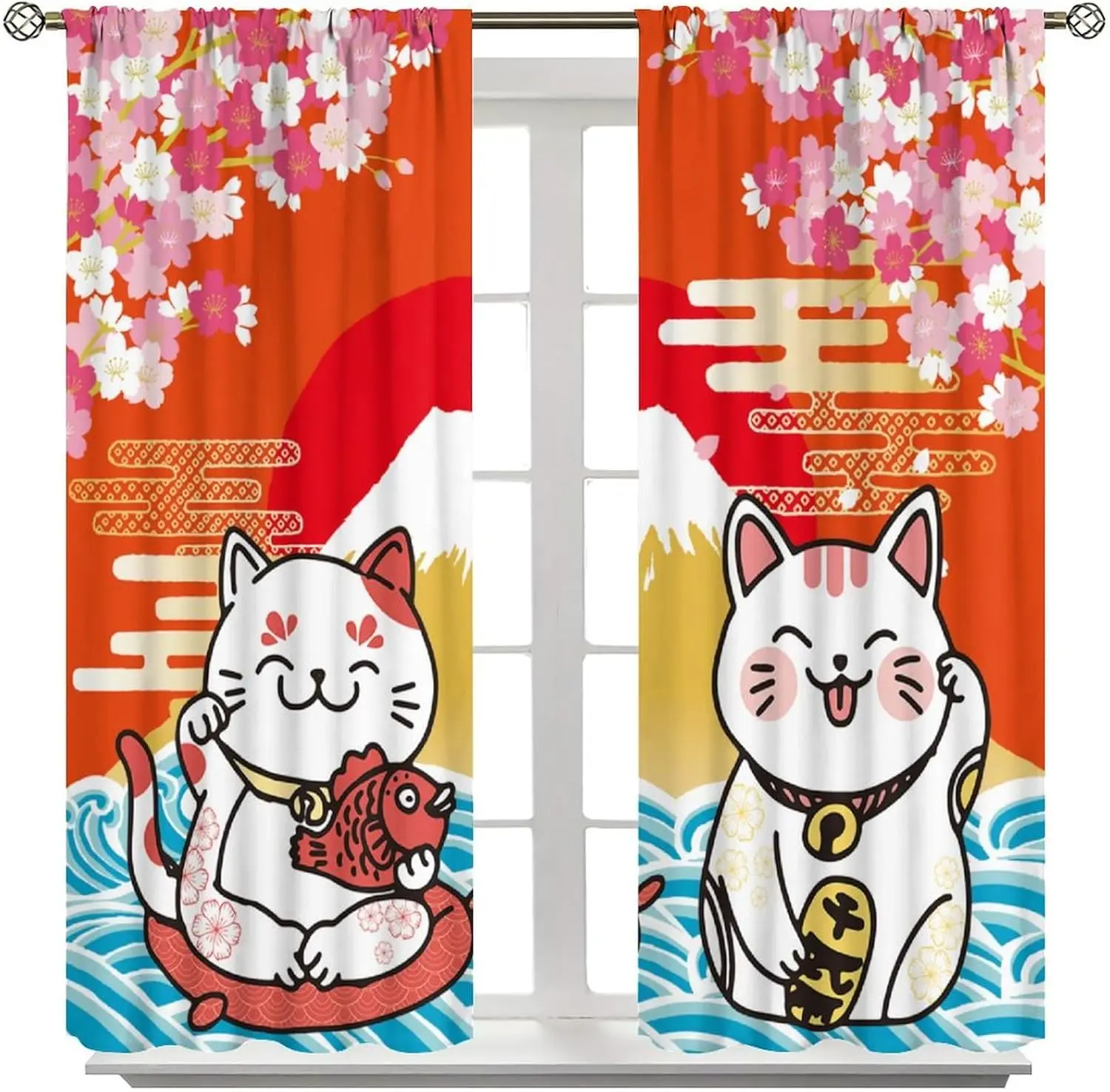 Japanese Curtains Cute Lucky Cat Rustic Pink Cherry Blossoms Mountain Fuji Red Sun Pattern Decor Drapes for Bedroom Living Room