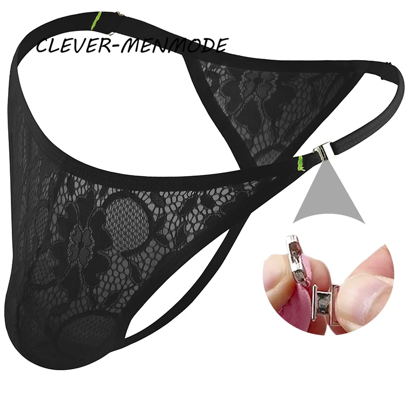 Sexy Lace Hollow Sides Open Thong Men\'s T-back See-Through Transparent lingerie G-string Tight Traceless Mini Micro Panties