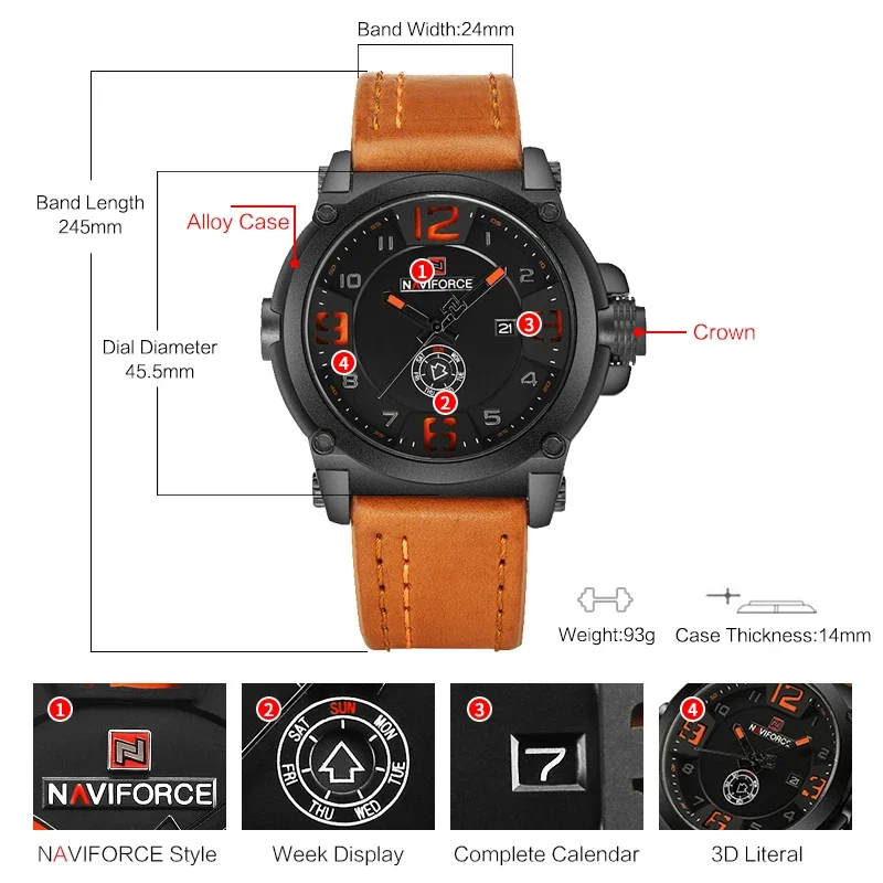 NAVIFORCE Military Sport Watches for Men Original Waterproof Day and Date Display Wristwatches Leather Clock Relogio Masculino