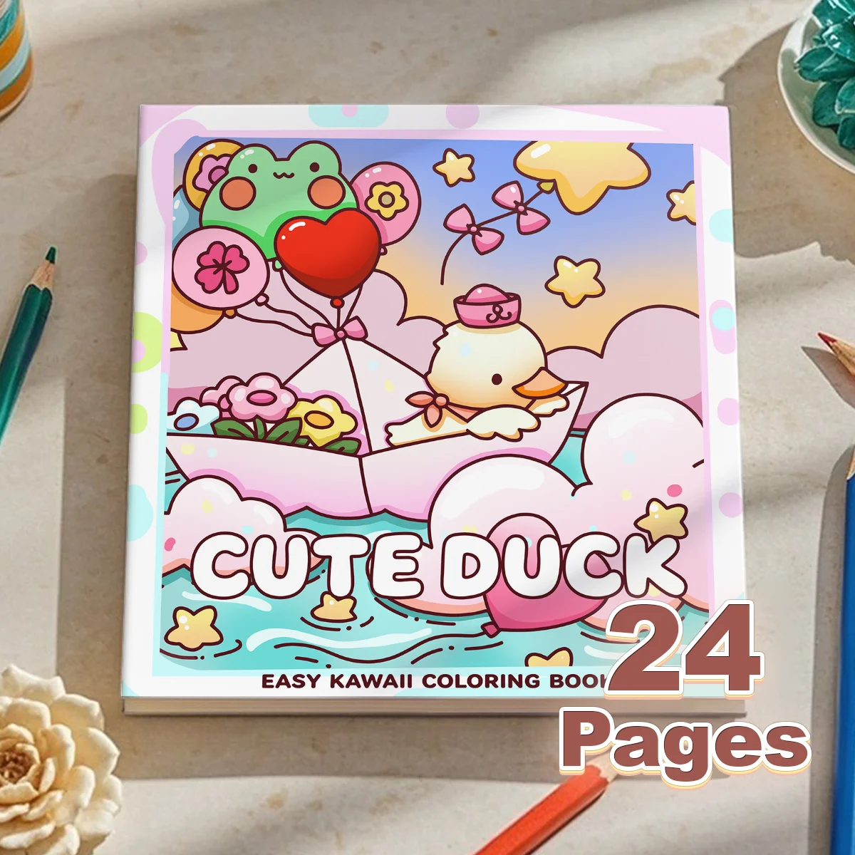 

7,9*7,9 дюймов, 24 страницы, новый стильный дизайн, милая маленькая утка, книжка-раскраска, простая и исцеляющая книжка-раскраска, перламутровая толстая бумага