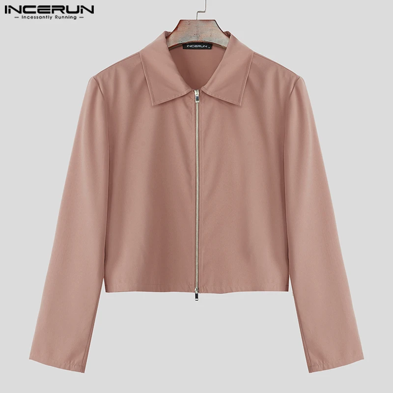 

INCERUN Men Jackets Solid Color Lapel Long Sleeve Zipper Casual Crop Coats Men Streetwear 2025 Loose Fashion Male Thin Jackets