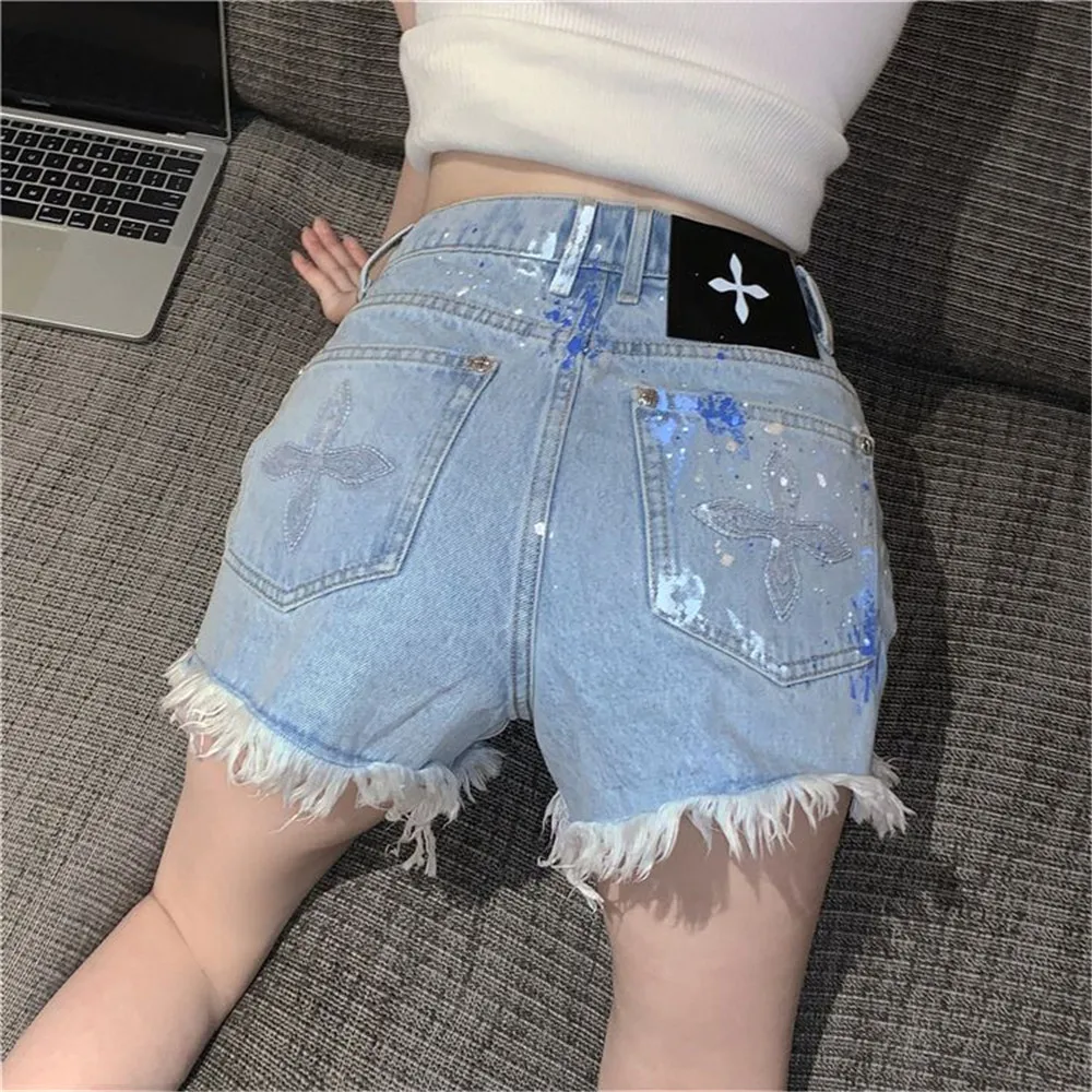 Y2k High Waist Cross Graffiti embroidery Denim Shorts Women Clothing Summer Korean Jeans Straight Sexy Wide Leg Hot Pants Female