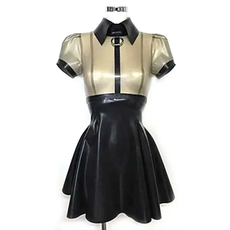 Sexy Transparent Black and Black Latex Rubber Skate Dress Short Sleeve with Back Zip