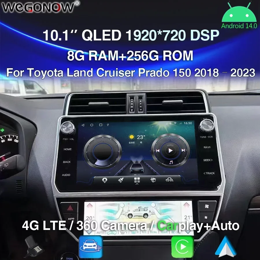 

Carplay 10.1" Android 14.0 8GB+256G Car DVD Player GPS WIFI Bluetooth RDS Radio For Toyota Land Cruiser Prado 150 2018 - 2024