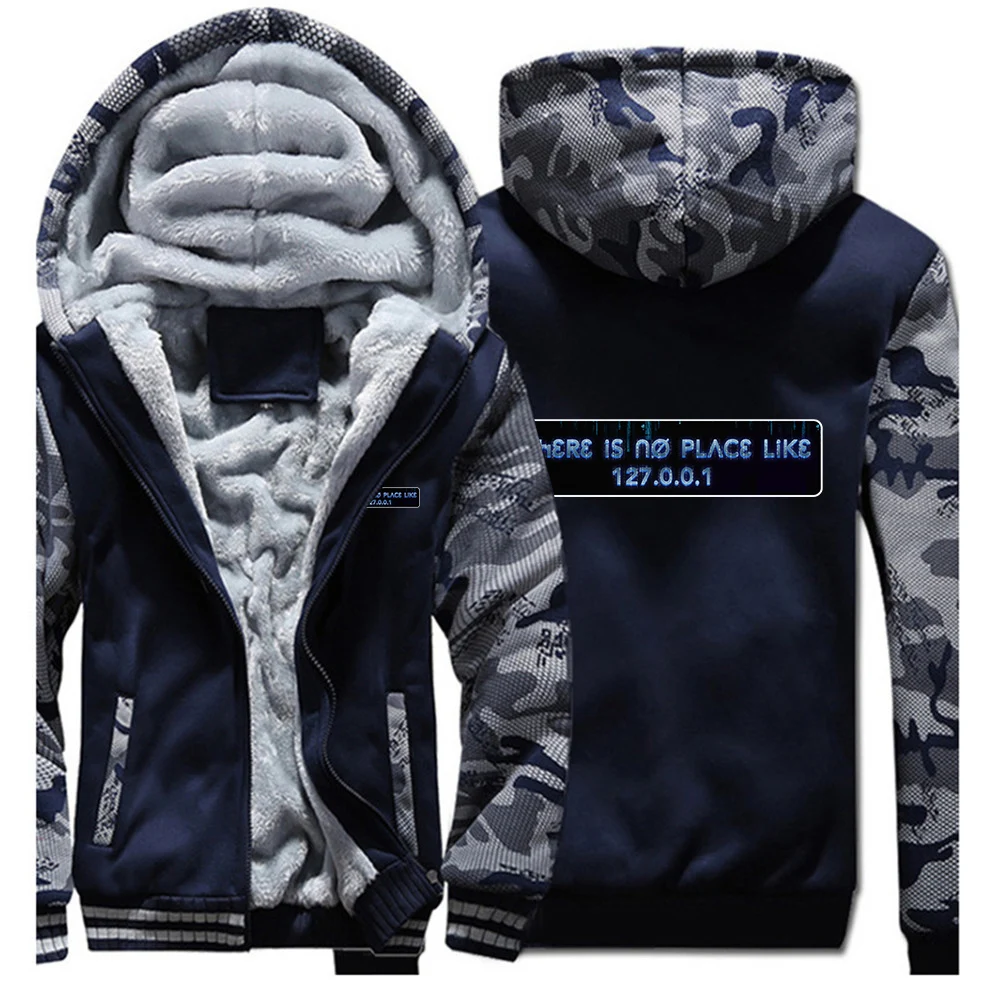 IP Address Graphic 2025 Men's Autumn Winter Thicken Sweatshirt There Is No Place Like 127.0.0.1 Fleece Long Sleeve Casual Coat