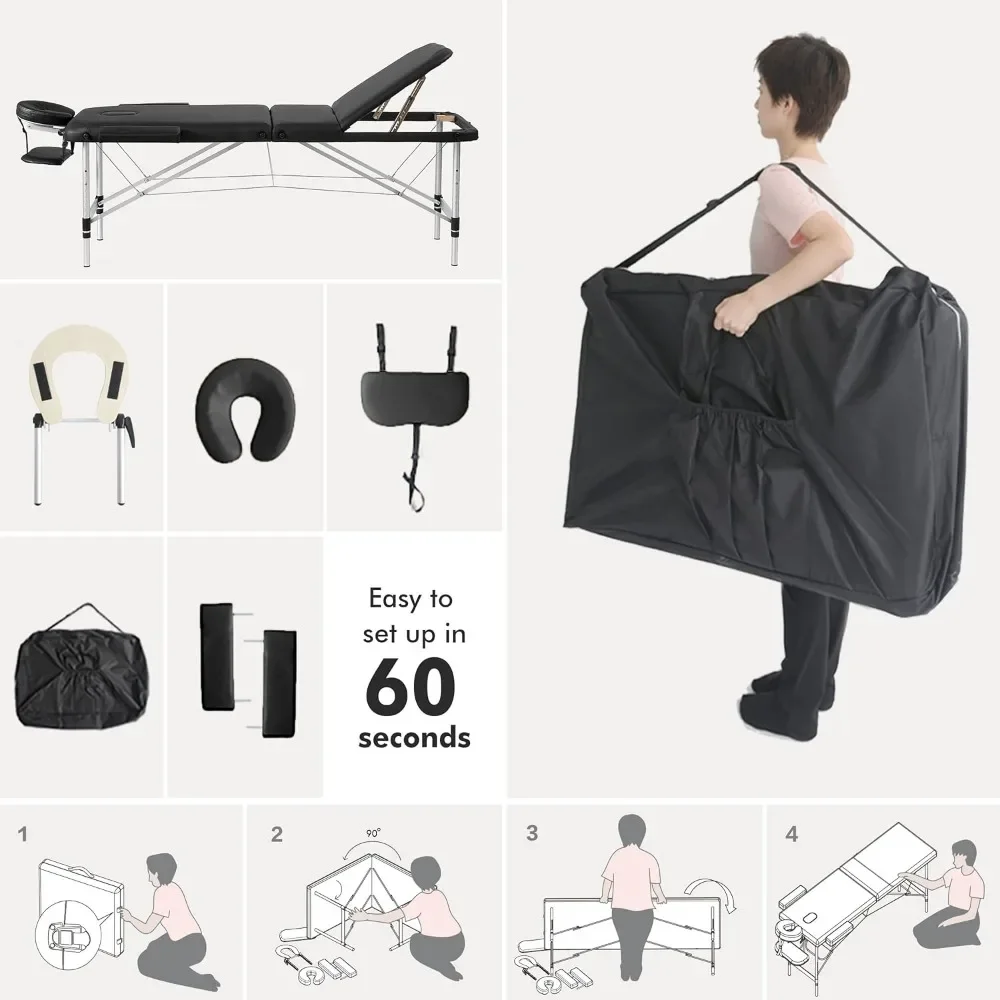 Cama de Spa reclinable de 3 secciones, patas de aluminio, con bolsa de transporte, cuna facial y reposabrazos, fácil de configurar, 24 "a 33"