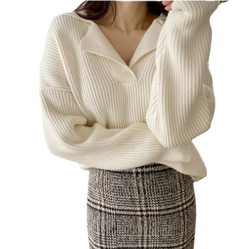 South Korea New Female Sweater Autumn Half open V lapel Pullover Korean Version Of Long sleeved Wearing Loose Sweater