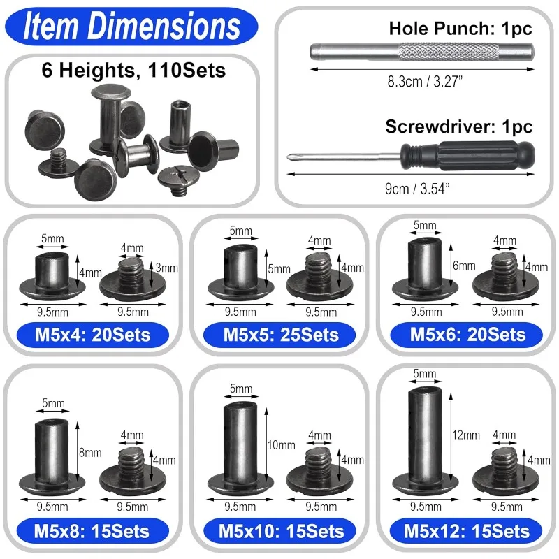 110Sets Leather Screw Rivets Assorted Binding Screws DIY for Decor Repair Leather Craft Belt Bag Shoes Purse Bookbinding