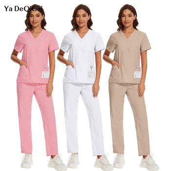 סט מדים רפואיים קלאסי ומרובה כיסים לנשים נוחות מקסימלית וארגון מושלם, מותן אלסטית שרוך, כיסי צד ואחורי, גזרה ישרה