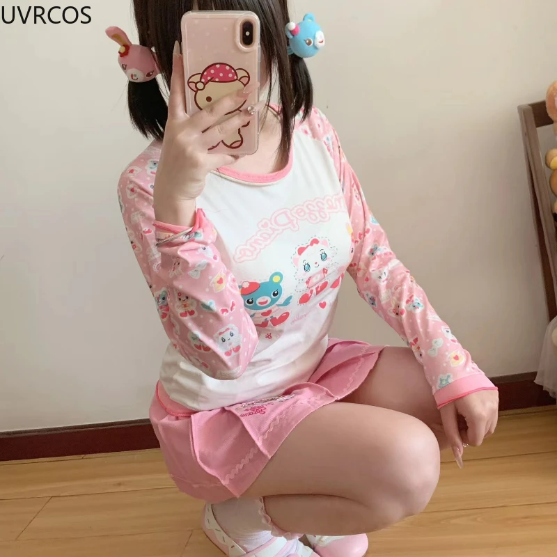 Japanese Kawaii Lolita Style Skirt Set Women Sweet Cute Cartoon Print Tshirts Top Pink Embroidery Cake Mini Skirts Cute Y2k Suit