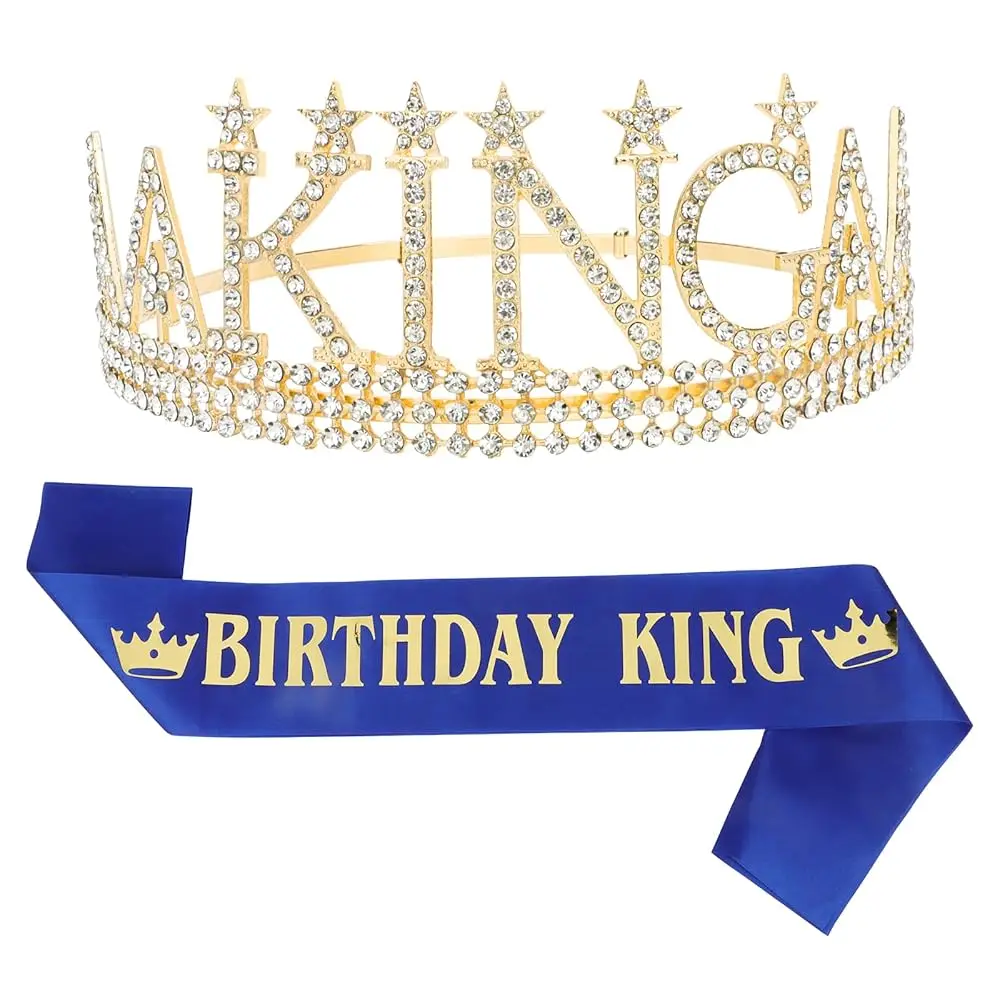 

Birthday King Crown and Sash for Men Gold King Tiaras for Birthday Party Decorations