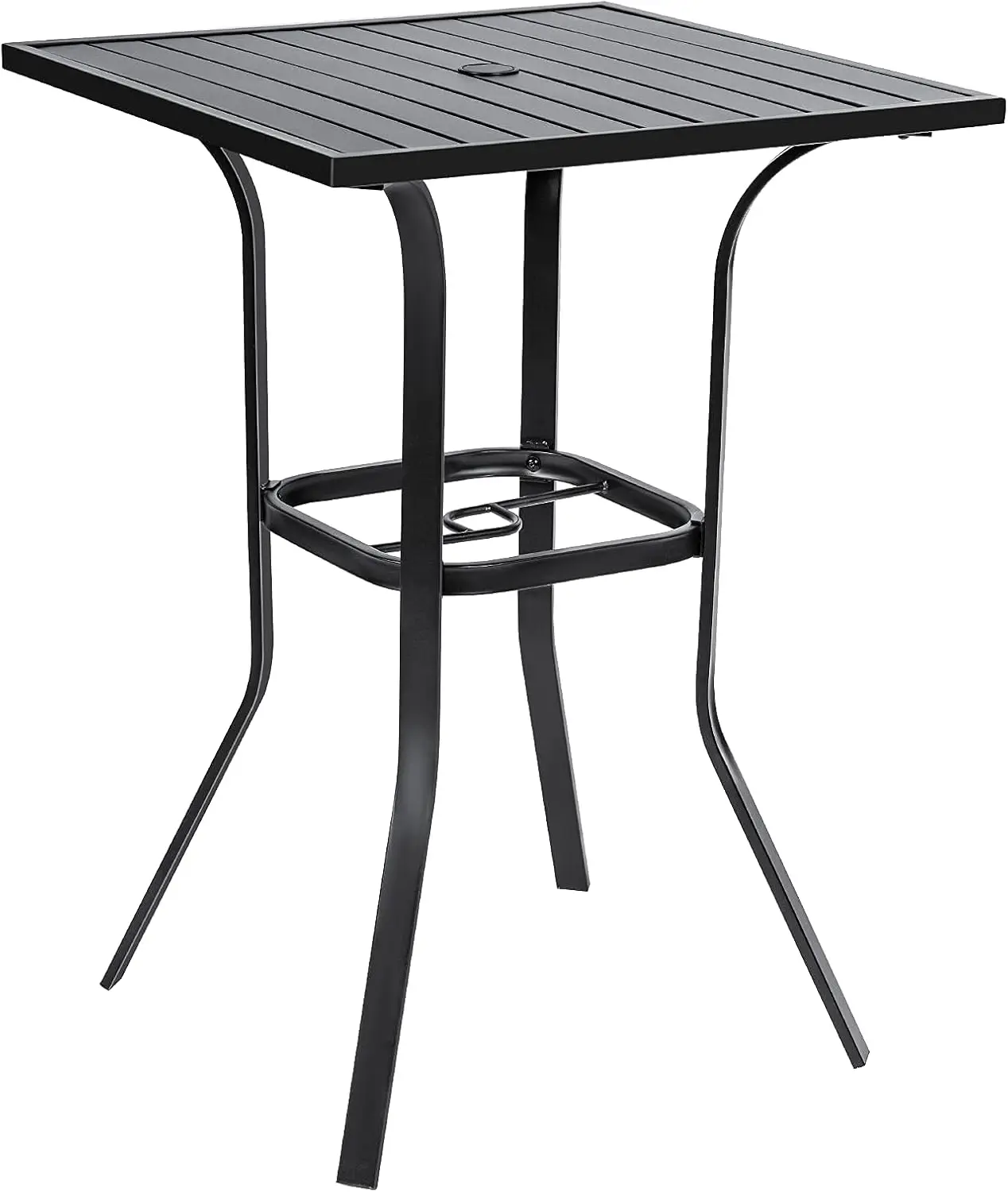 

Patio Bar High 39” Table Metal Frame Outdoor Bar Bistro Table, Slatted Table Top With 1.57"" Umbrella Hole, Classic Black