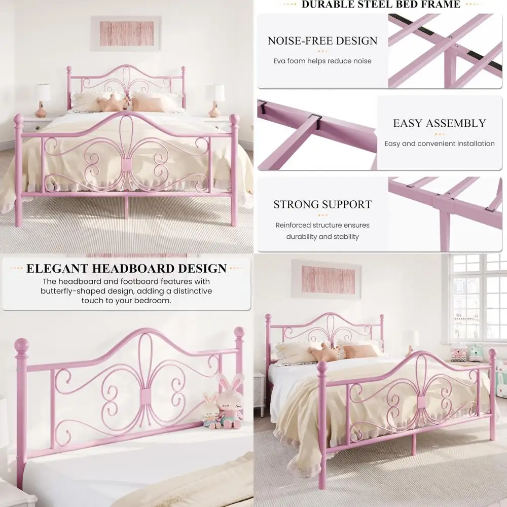 

Розовая металлическая детская кровать с изголовьем и изножьем, без пружинного блока, простая сборка