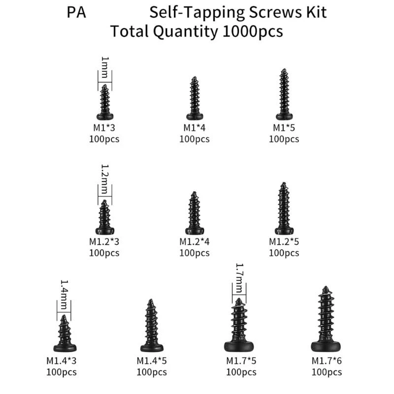 1000pcs Mixed Size Self Tapping Screws Assorted Screw Set Repair Screw Assortment 1-1.7mm Small Screws set for Repairs