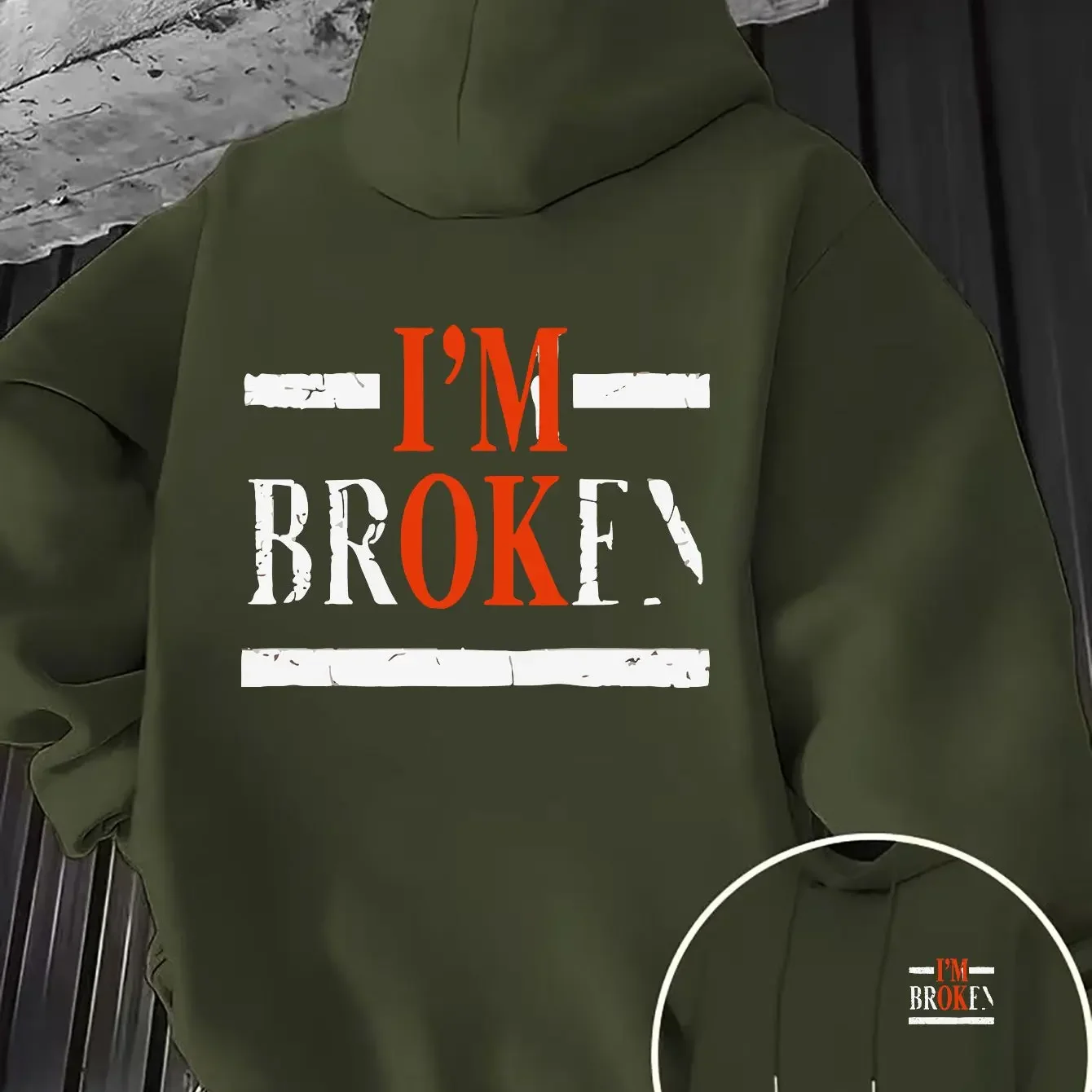 American Retro Distressed I'm Broken Letter Double Sided Print Oversized Unisex Fleece Hoodie Loose Streetwear Pullover