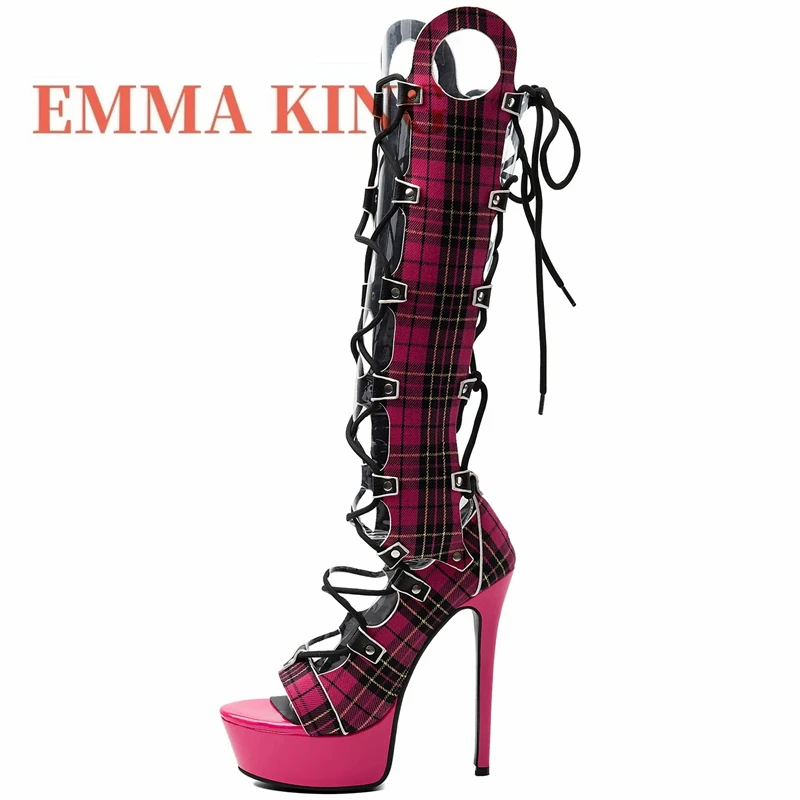 Women Plaid Pattern Knee High Gladiator Sandals Lace Up Cut‑out Stiletto Sandals Trendy Nightclub Fashion Footwear Big Size 45