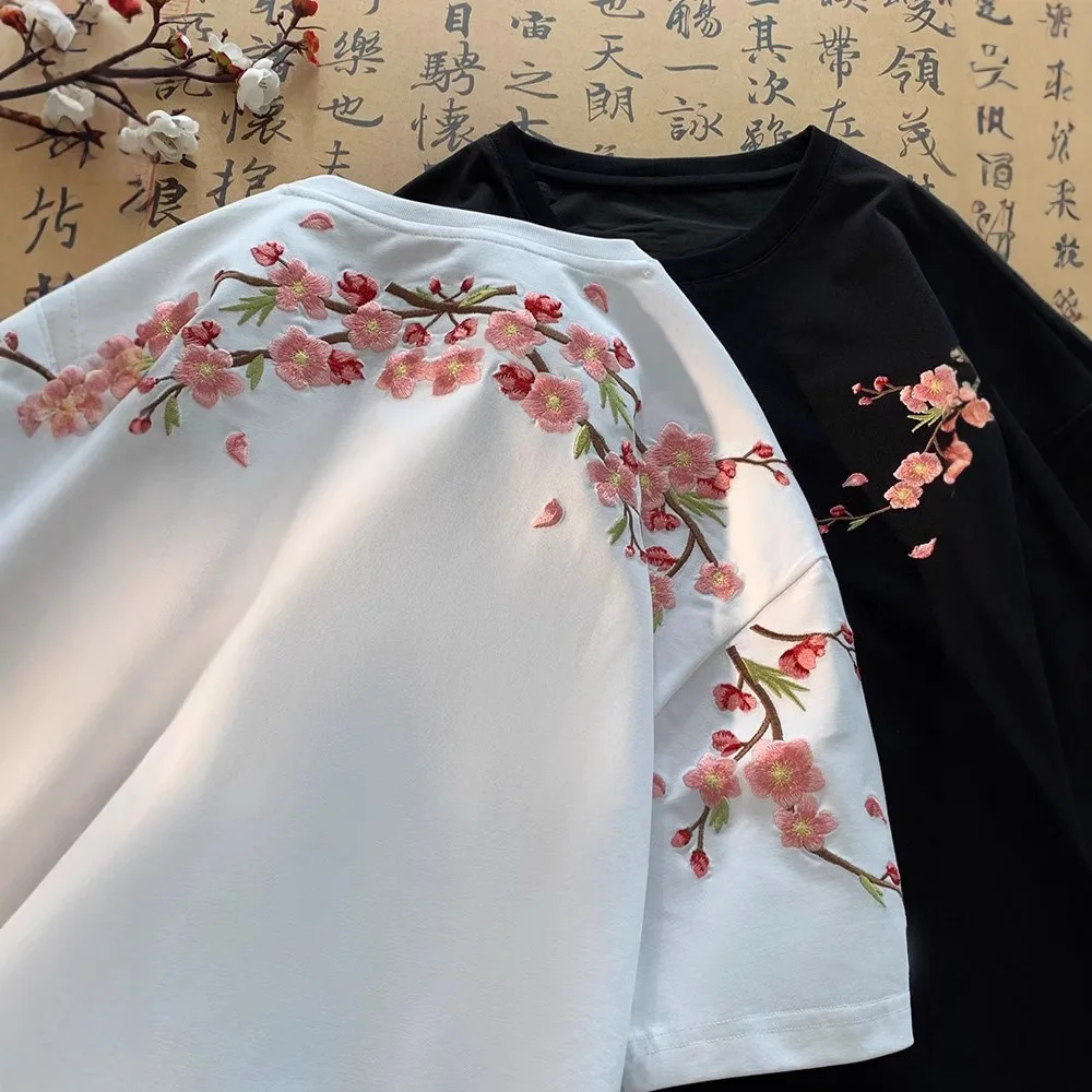New Chinese Plum Blossom Print T-shirt for Men and Women 2026 Summer Crew Neck Couple Short Sleeves