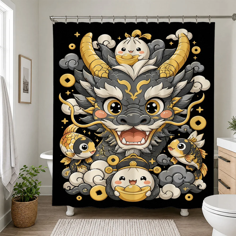 Cute Cartoon Dragon Face Shower Curtain Funny Mythical Beast Bathroom Decor Novelty Shower Curtain