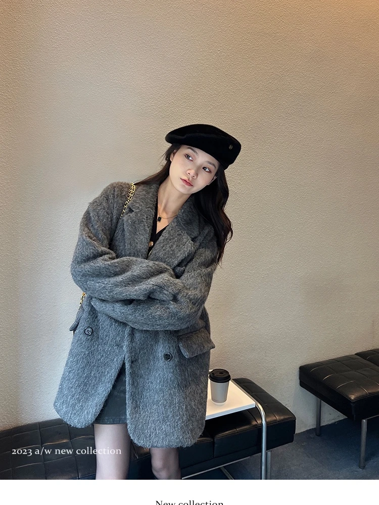 Coat Blended Material Women's SolidColor AutumnWinter Thickened Warm Mid-Length High-Grade Gray Wool Woolen Suit Double-Breasted