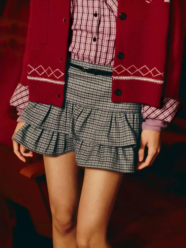 

High-End Spring Collection ZA2026 Plaid Skirt Pants Versatile Belted Faionable Ladies' Ethnic Wear Stage Costumes