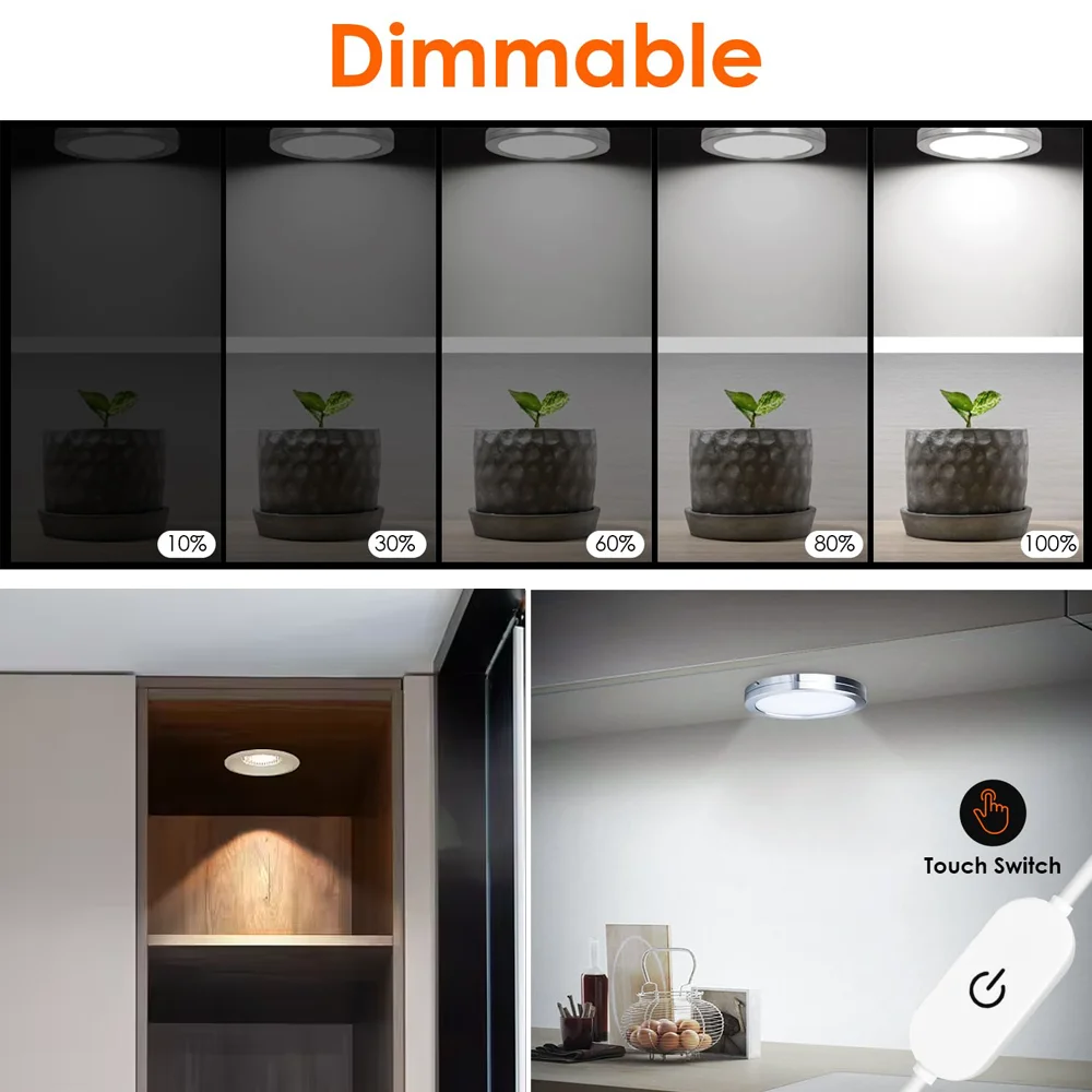12V Round LED Under Cabinet Lamp Penetrable Touch Light Switch Dimmable LED Under Cabinet Kitchen Wardrobe Bedroom Night Lamp