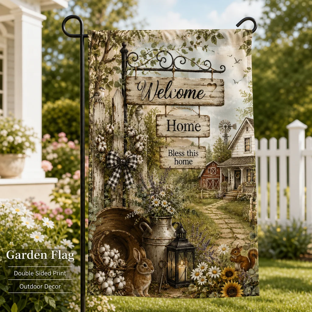 Bandera de jardín estilo granja vintage, bandera de patio de doble cara con motivos de Bienvenido a casa y Bendiga este hogar, letrero de madera retro con conejo, ardilla, girasol, lazo de algodón y lavanda, escena de granja con molino de viento y cabina, pancarta decorativa impermeable para césped, patio, porche, casa de campo.