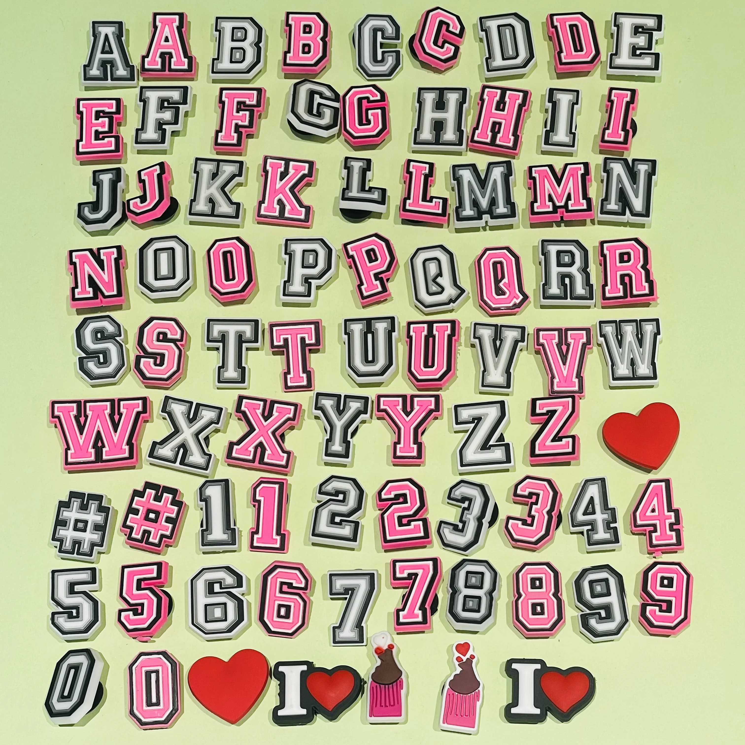 

43-80Pcs Pink English Letters PVC Shoes Charms Arabic Numbers Sandal Buckle Accessories DIY Kids Backpack