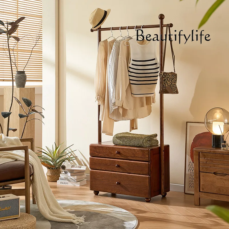 Wabi Sandy Wind Solid Wood Hanger Integrated Multifunctional Coat Rack Home Door with Drawer Storage Coat Rack