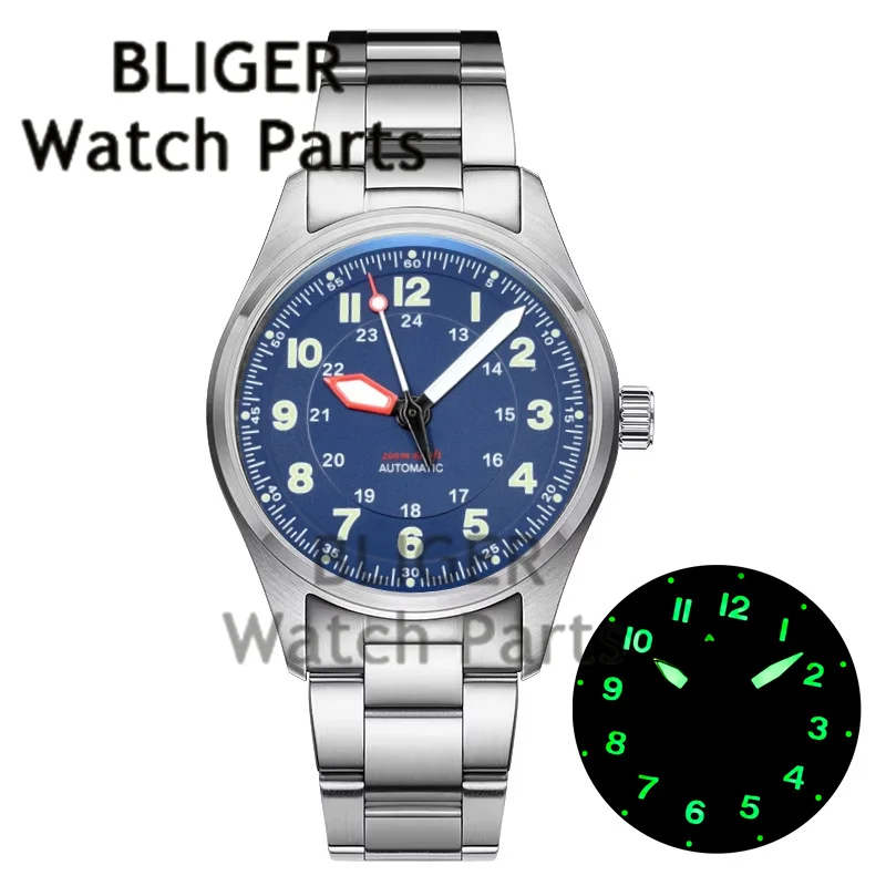 BLIGER New Blue Dial Men's Automatic Mechanical Pilot Watch 100M Waterproof Green Luminous Stainless Steel Watches reloj hombre