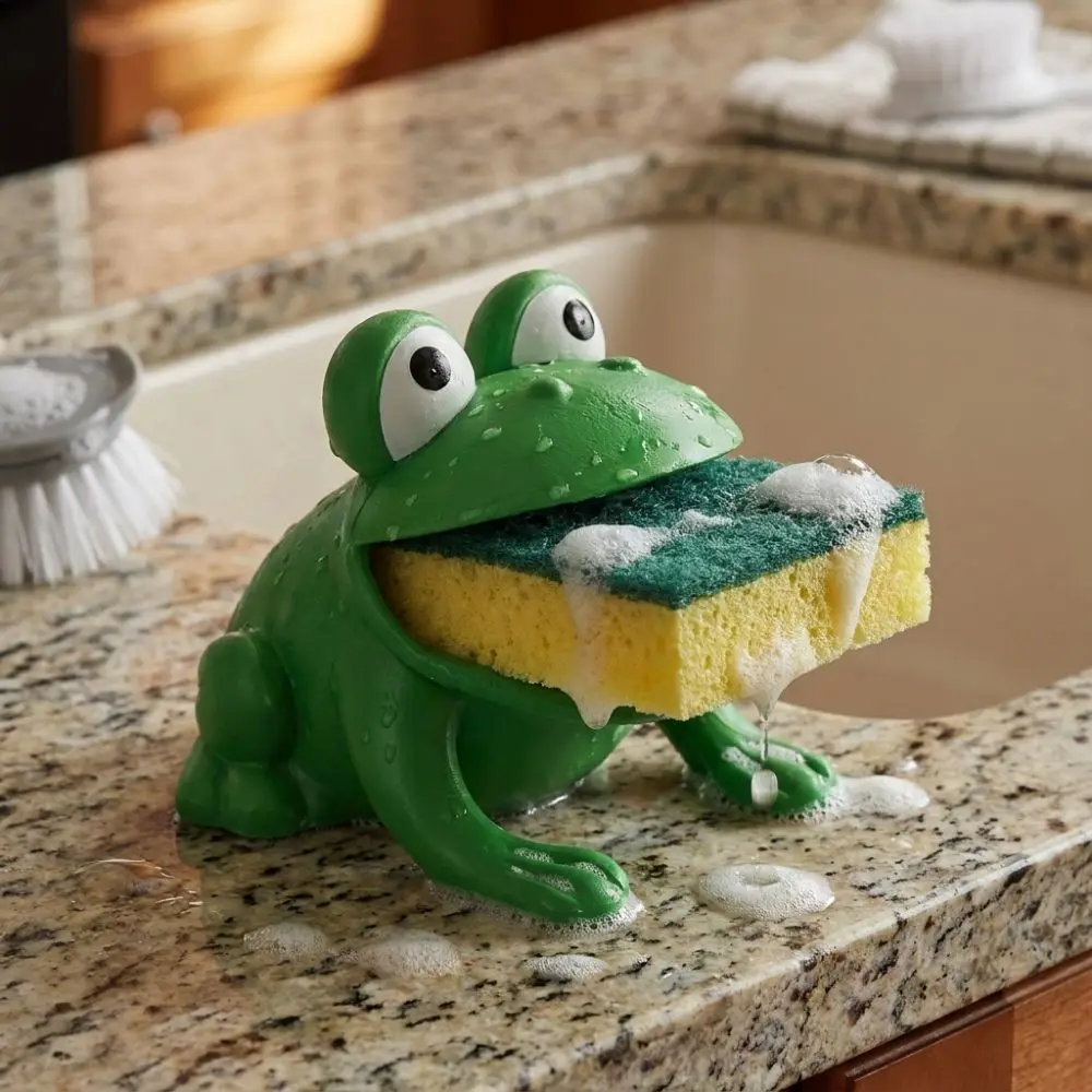 3D Printed Frog-Shaped Sponge Storage Rack Self-draining Big Mouth Frog Dish Cloth Drain Stand with Drain Hole Plastic