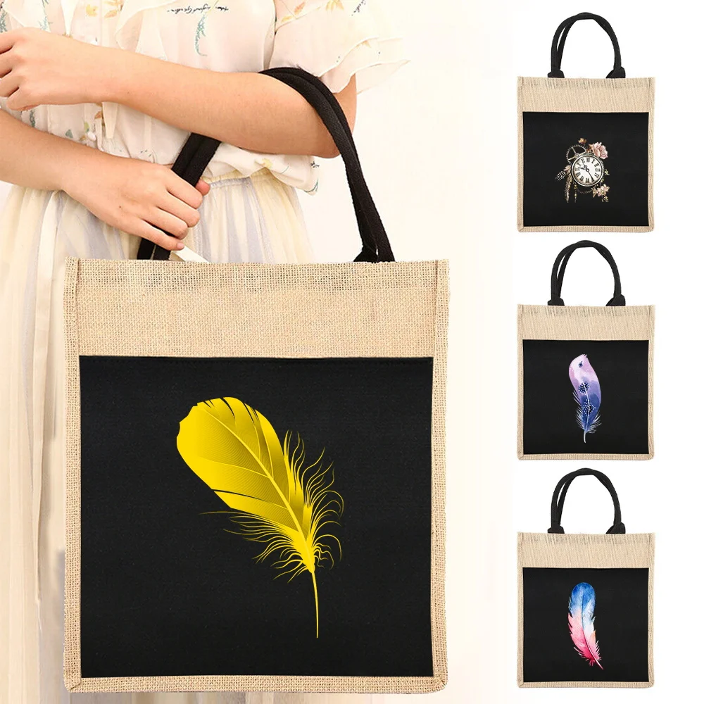 2024 New Reusable Shopper Bags Women's Linen Tote Bag Women's One-shoulder Tote Bag Feather Series for Grocery Shopping Tote