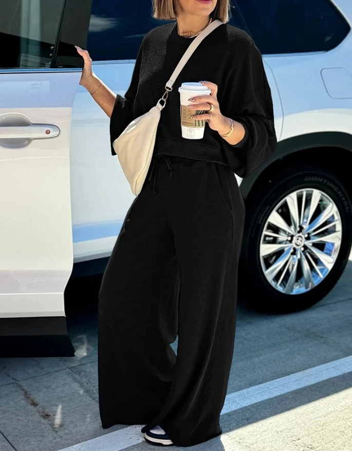 

2 Piece Crewneck Long Sleeve Oversized Pullover Sweatshirt Stretchy Waist Wide Leg Casual Pants Tracksuits with Pockets 2025