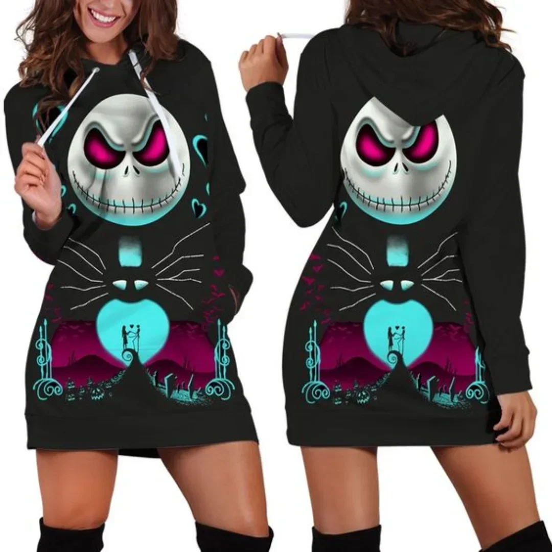 Disney Jack Skellington Hoodie Dress Sweater Fashion Dress Sweatshirt Dress 3d Allover Printed y2k Hoodie for Women