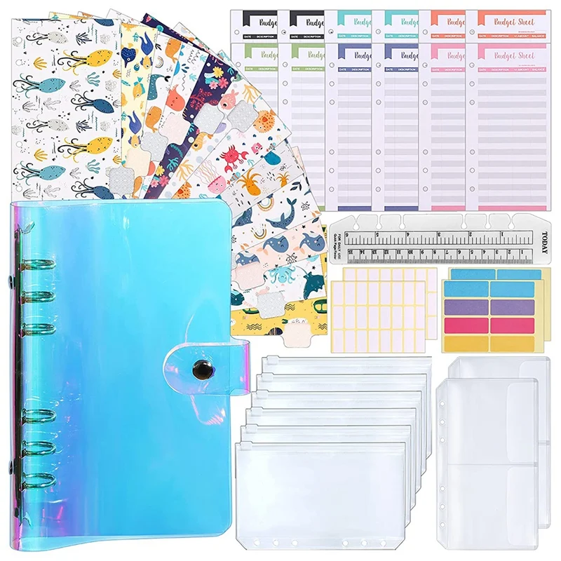 A6 PVC Binder Cover,Budget Envelope, Storage Card Bags,Blank Stickers For 6-Ring Cash Envelopes,Daily Money Planner