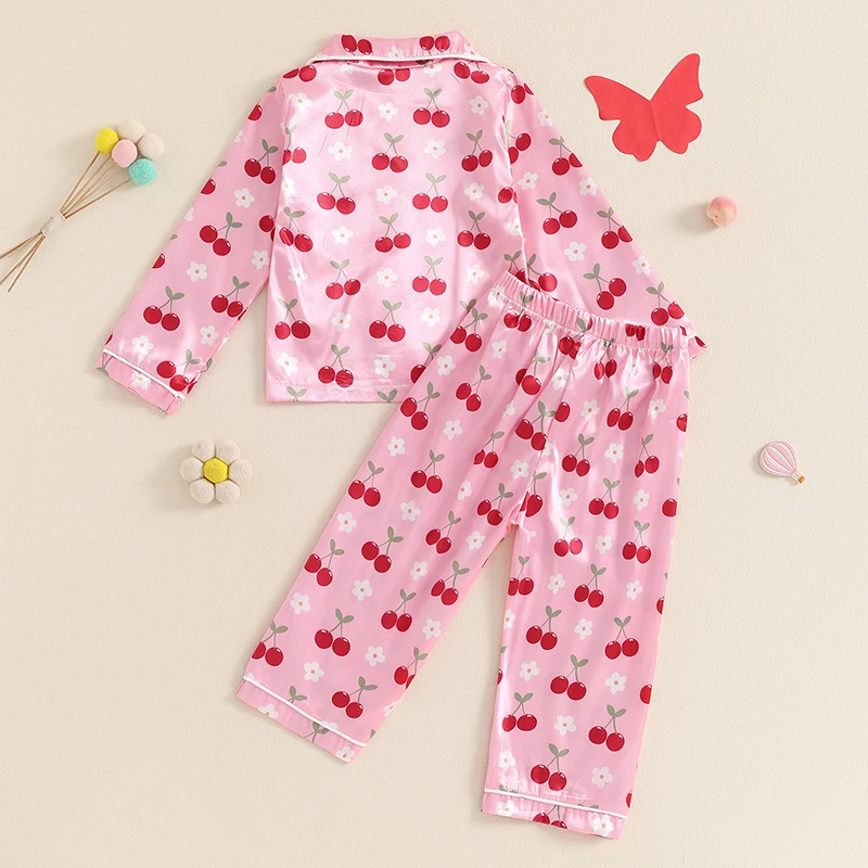 Little Girls Pajama Sets Lapel Neck Button-up Tops Elastic Waist Long Pant Cherry Butterfly Print Loungewear Set