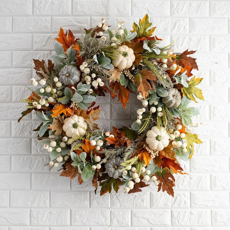 

Fall Wreaths Pumpkin Berry Maple Leaf Artificial Wreath Autumn Door Wreath Halloween Christmas New Years Home Hanging Decor