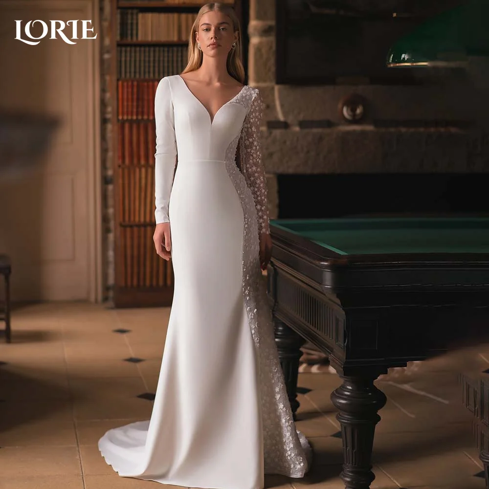 

LORIE 2024 Mermaid Wedding Dress Charming Lace Applique V Neck Sarin with Tulle Elegant Long Sleeve Beach Bridal Gowns Bride