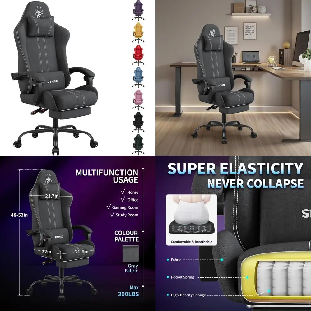 كرسي ألعاب مريح من القماش مع مسند للقدمين، كرسي كمبيوتر مسامي للكبيرة والطويلة، وسادة داعمة للفقرات القطنية، ألعاب مريحة #1