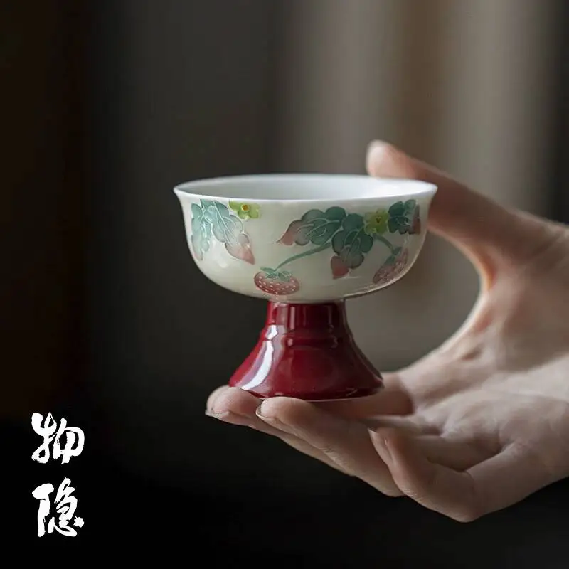 Wuyintang raspberry Pi Hand Painted Master Single Ceramic Imitation Song Dynasty High Footed Tea Women s Healing Wide Mouth Cup